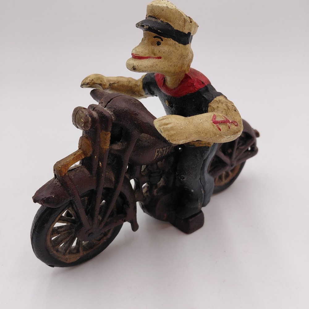 Vtg Cast Iron Popeye on Patrol Harley Davidson Motorcycle Office Man Cave